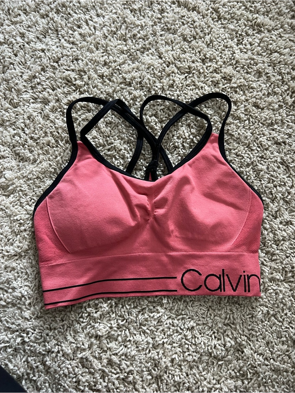 Calvin Klein Coral-Pink Seamless Strappy Sports Bra with Black Trim